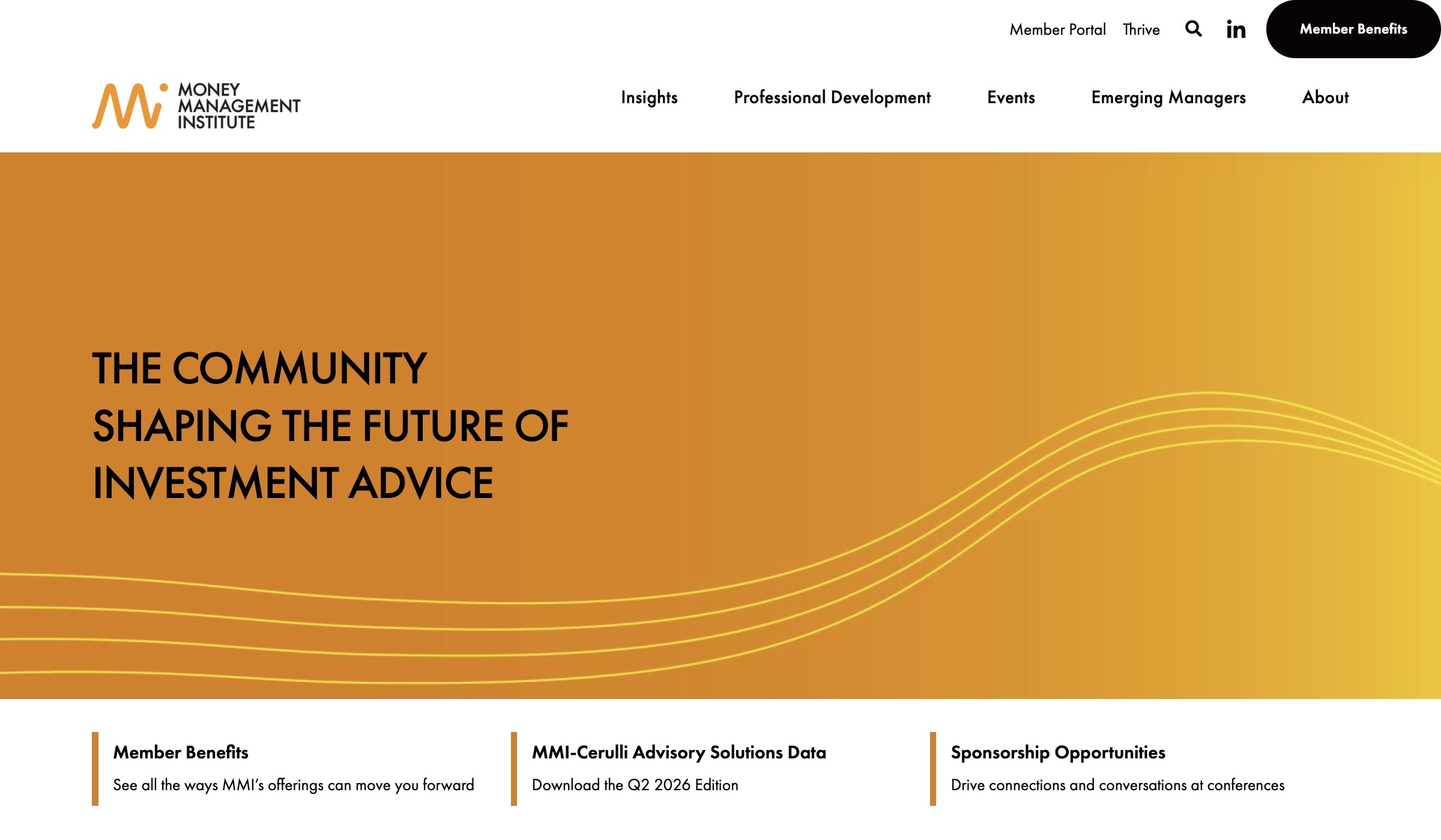 The Money Management Institute website homepage, presenting its professional community and featured resources