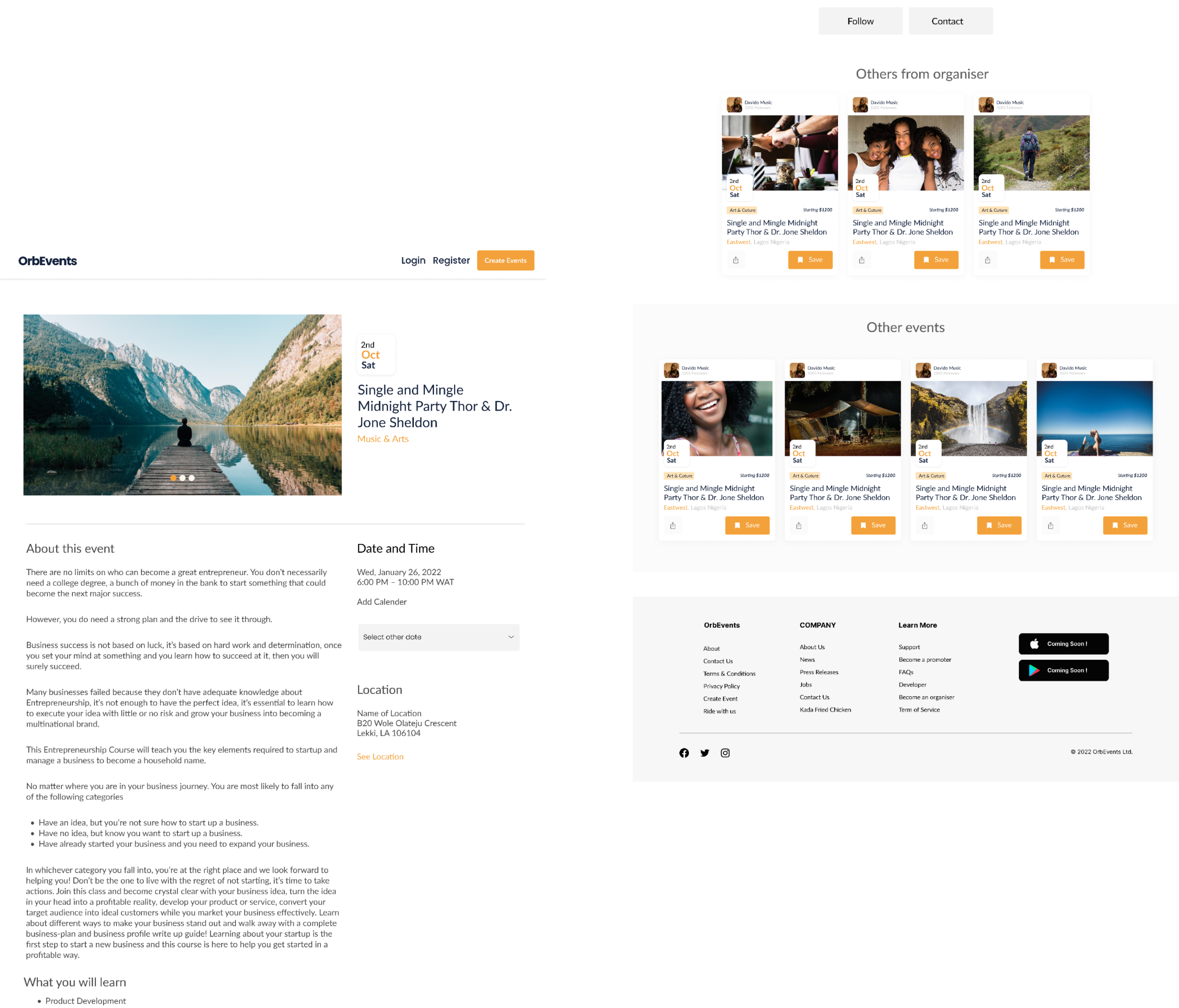 Orb event browsing and booking interface designs