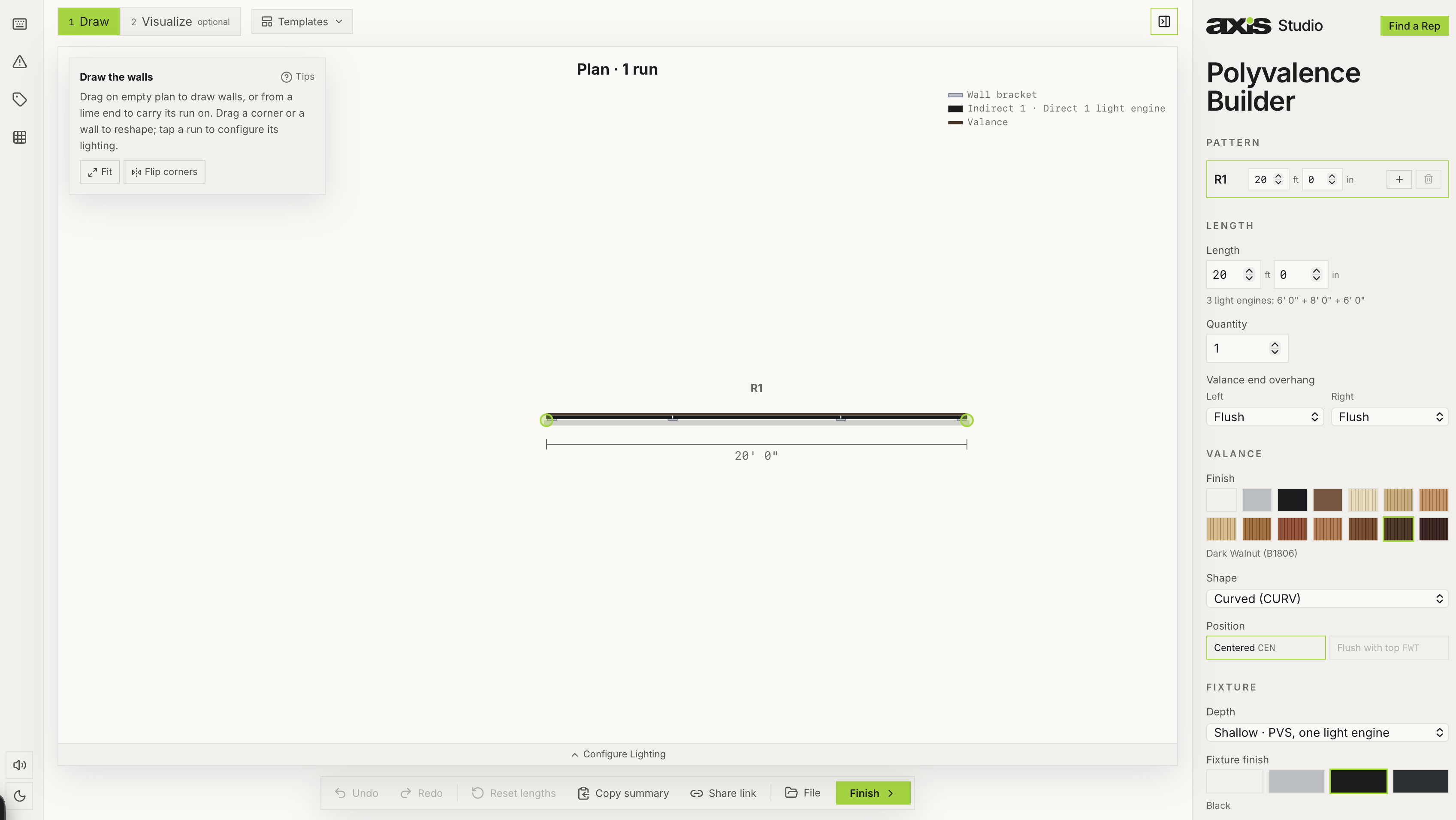 Polyvalence Builder showing a 20-foot run on a drawing canvas alongside length, valance finish, shape, and fixture controls